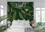 Botanical wall mural showcasing golden leaves pattern in a stylish home office