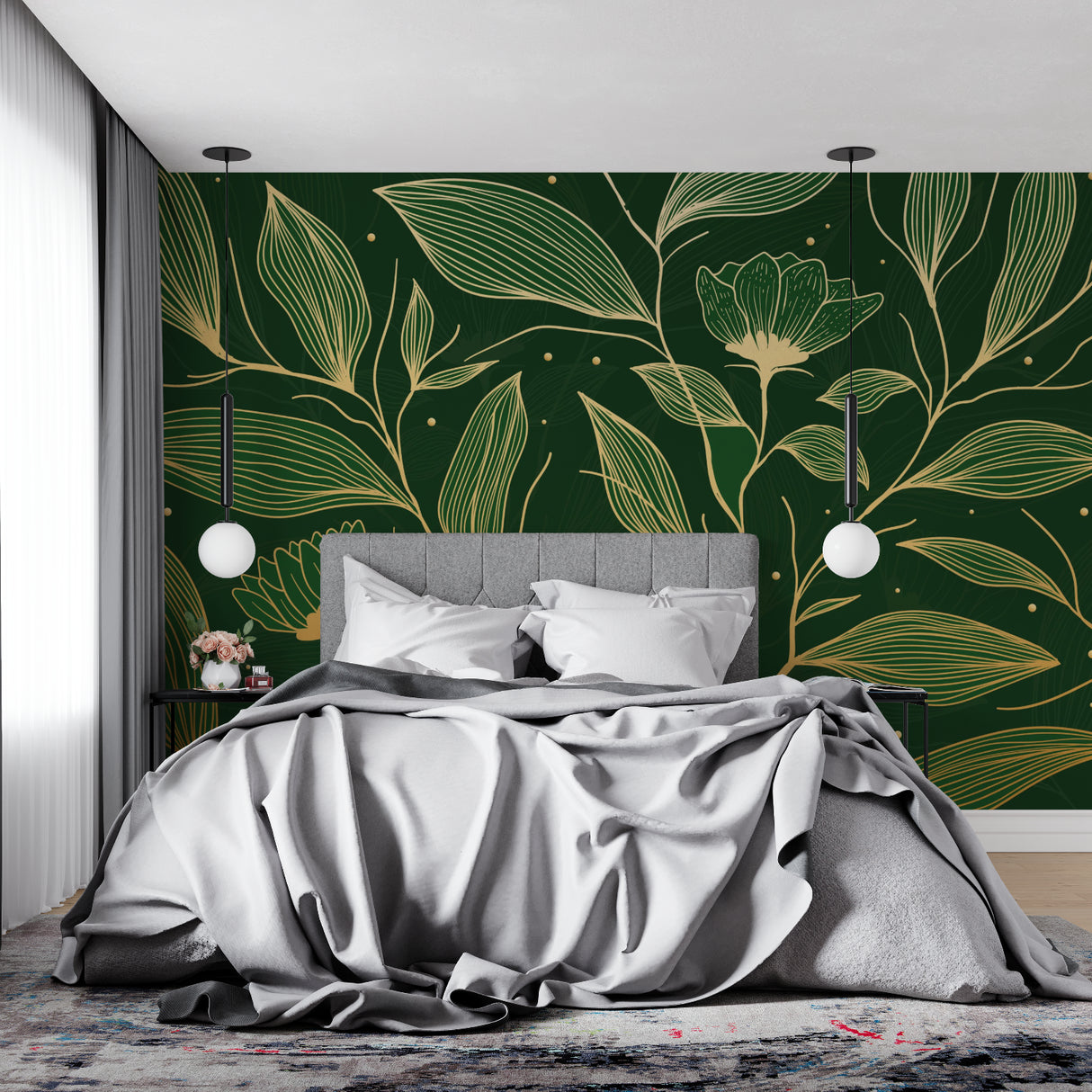 Green and gold leaf wallpaper creating an elegant atmosphere in a master bedroom