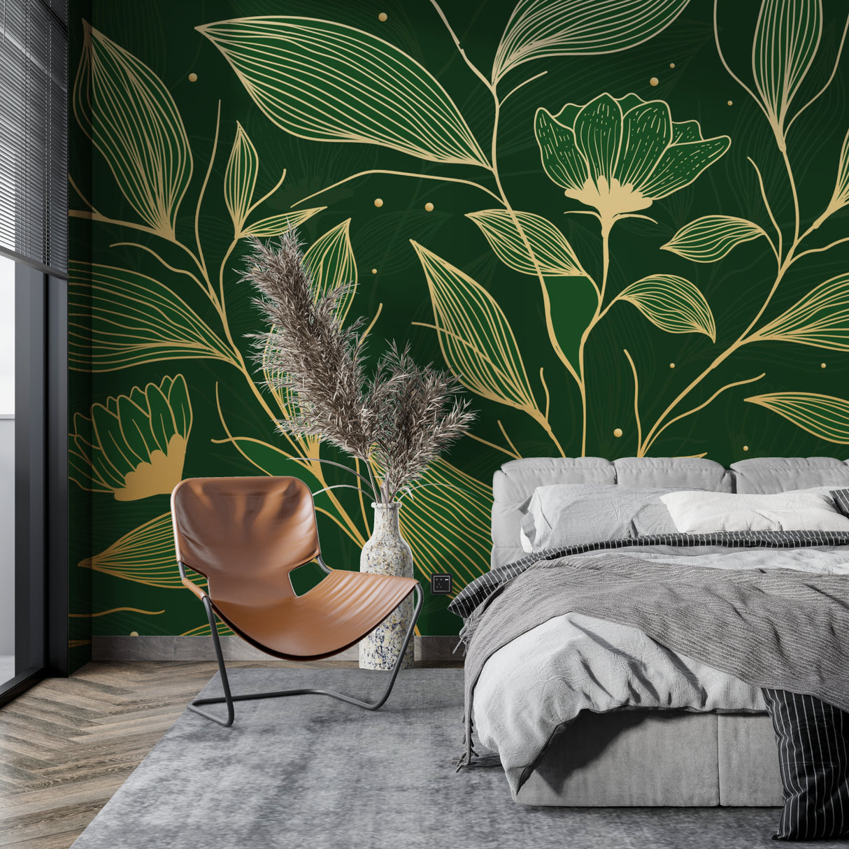 Floral wall mural adding sophistication to an entrance hallway with natural lighting