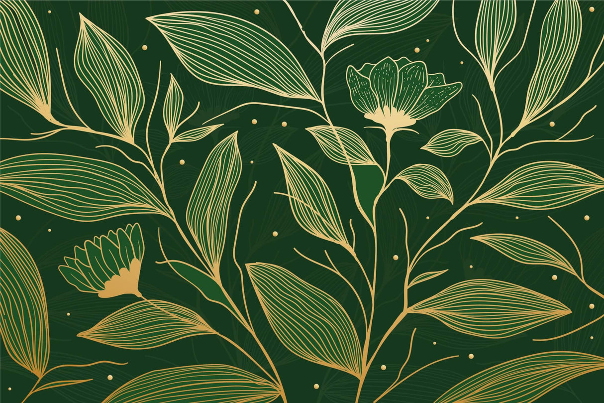 Botanical wallpaper design file showing intricate golden leaf pattern on emerald green background
