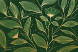 Botanical wallpaper design file showing intricate golden leaf pattern on emerald green background