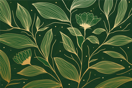 Botanical wallpaper design file showing intricate golden leaf pattern on emerald green background