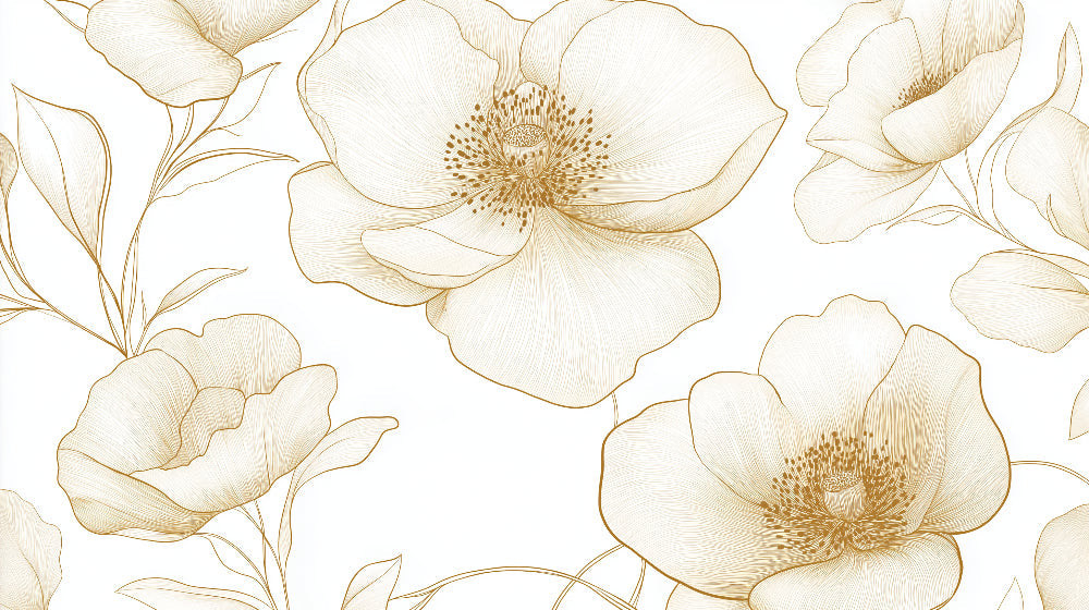 Gold line art floral wallpaper design file showing intricate bloom patterns on white background