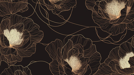 Black and gold floral wallpaper creating a luxurious atmosphere in a modern dining room with pendant lighting