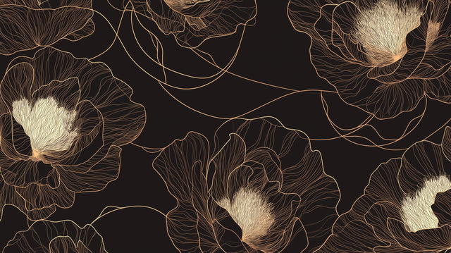 Black and gold floral wallpaper creating a luxurious atmosphere in a modern dining room with pendant lighting