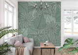 Botanical line art wallpaper creating a serene atmosphere in a modern living room with natural light
