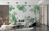 Green rose floral wallpaper in a bright modern living room setting with minimal furniture