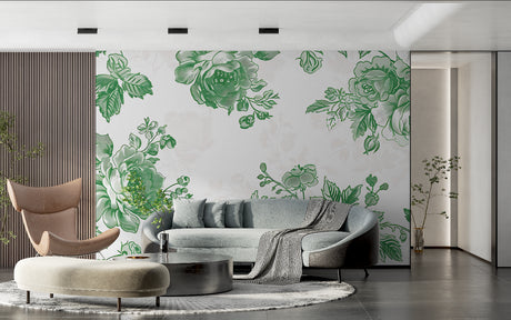 Green rose floral wallpaper in a bright modern living room setting with minimal furniture