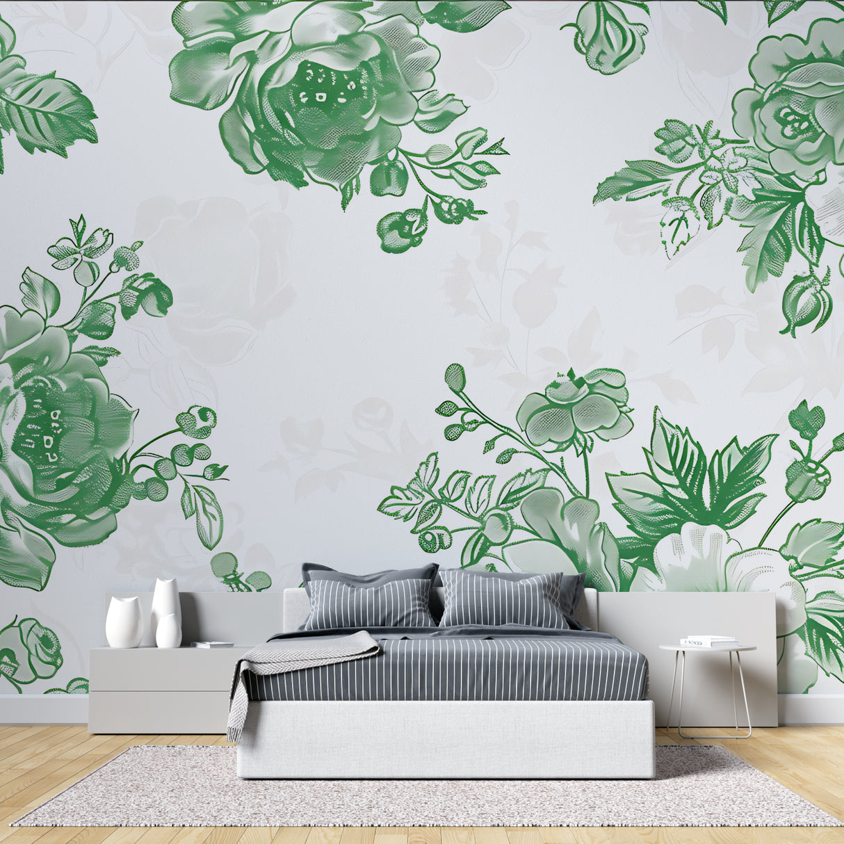 Elegant dining room featuring green rose wall mural with crystal chandelier