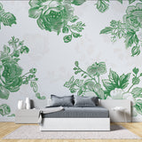 Elegant dining room featuring green rose wall mural with crystal chandelier