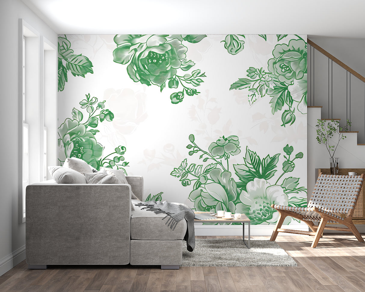 Master bedroom with green floral wallpaper creating a garden-like atmosphere