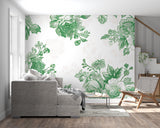 Master bedroom with green floral wallpaper creating a garden-like atmosphere