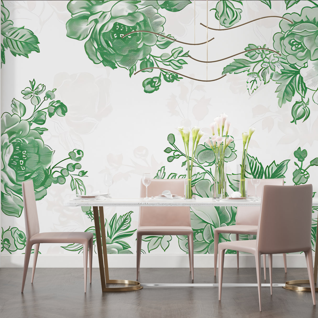 Home office space with botanical rose wallpaper adding natural charm