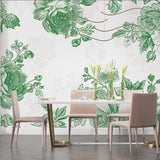 Home office space with botanical rose wallpaper adding natural charm