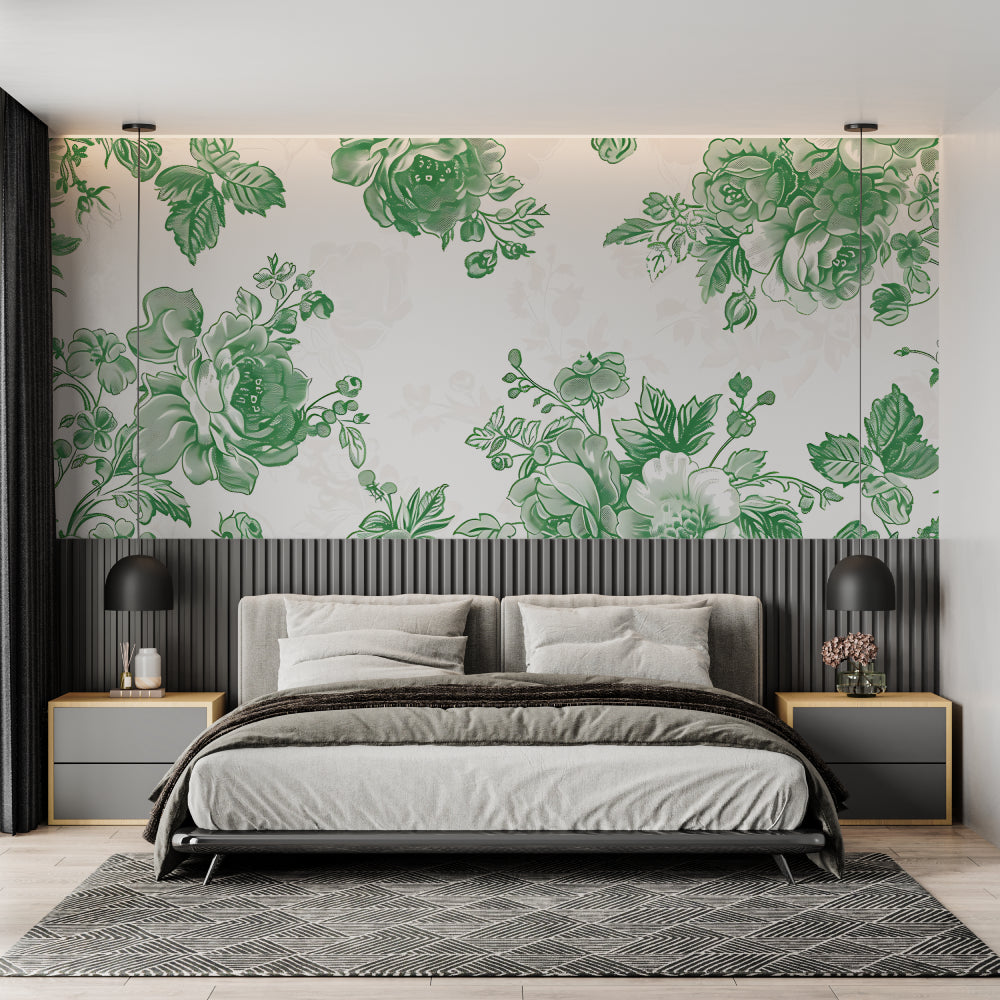 Entryway decorated with green rose mural wallpaper making a welcoming statement