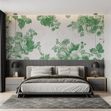 Entryway decorated with green rose mural wallpaper making a welcoming statement