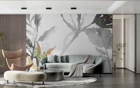 Grey and gold watercolor floral wallpaper in modern living room with grey sofa and golden accents