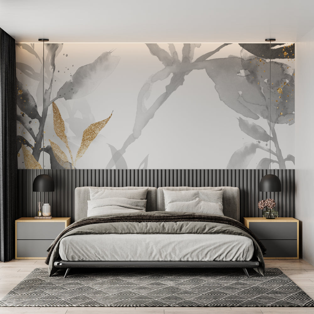 Elegant master bedroom featuring grey and gold floral wallpaper with soft lighting
