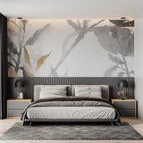 Elegant master bedroom featuring grey and gold floral wallpaper with soft lighting