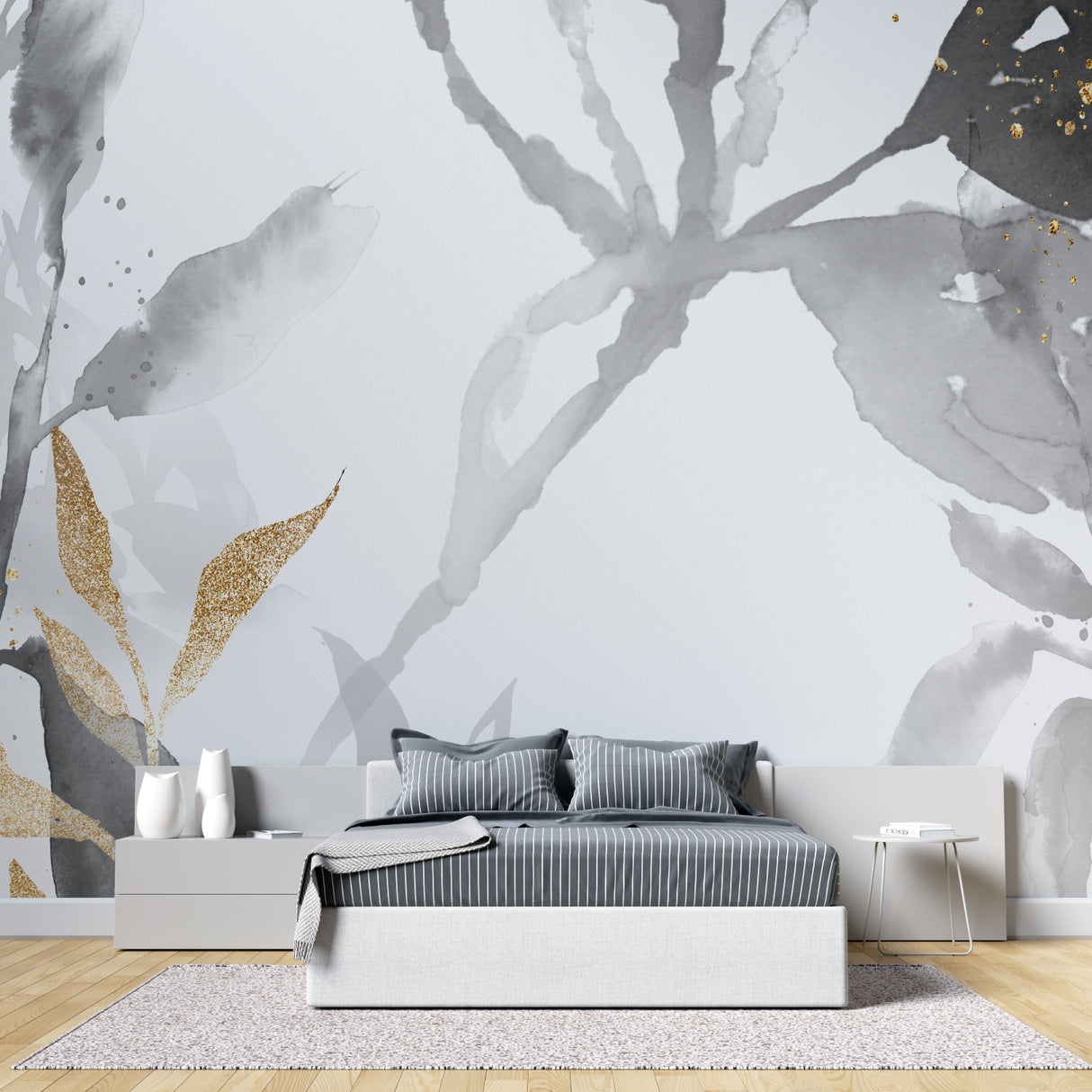 Dining room with watercolor floral wallpaper showing grey and gold botanical pattern
