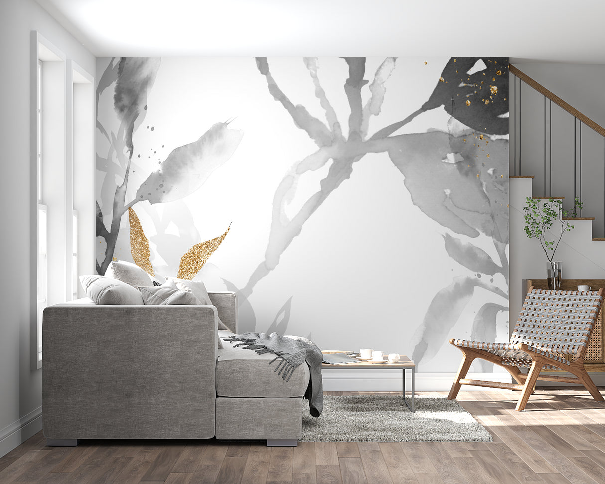 Home office space with modern grey and gold floral wall mural creating focal point