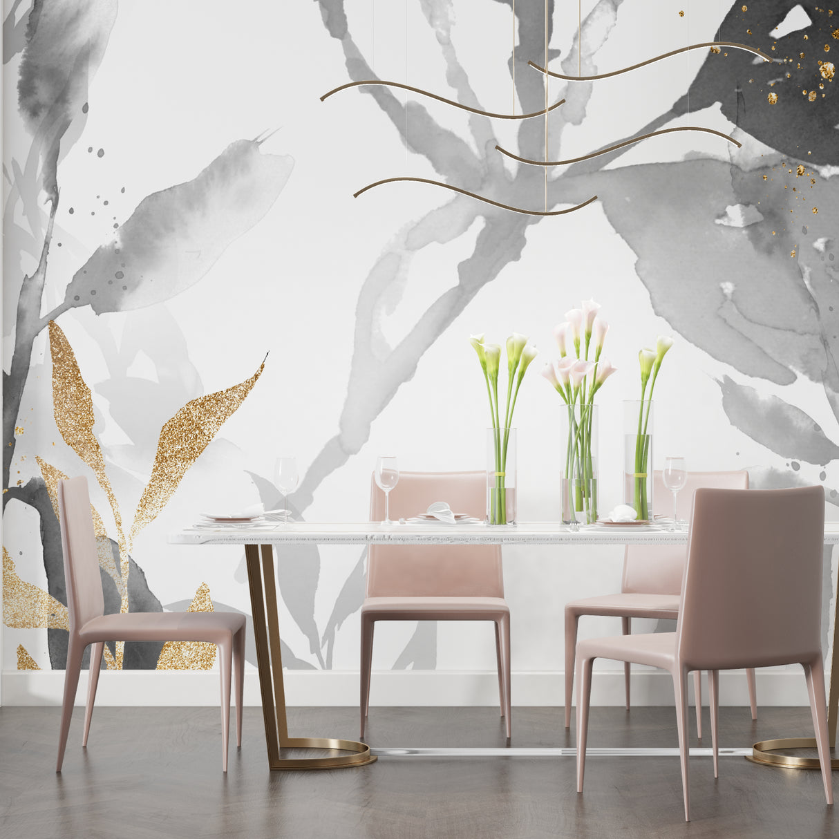 Hallway decorated with watercolor grey and gold floral wallpaper showing scale