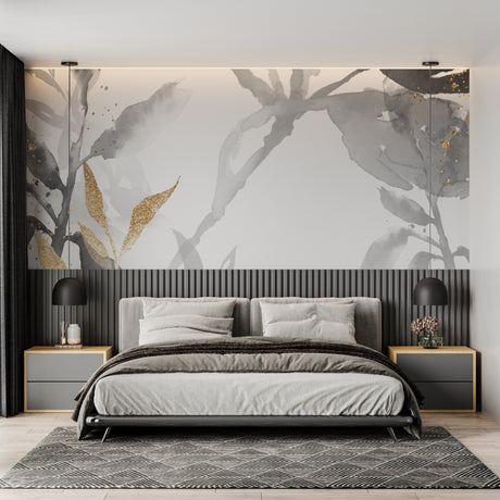Grey and gold watercolor leaf wallpaper in modern living room with natural light