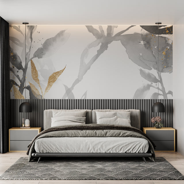 Grey and gold watercolor leaf wallpaper in modern living room with natural light