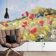 Floral mural wallpaper with red poppies creating a warm atmosphere in a modern living room with natural light