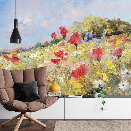 Floral mural wallpaper with red poppies creating a warm atmosphere in a modern living room with natural light