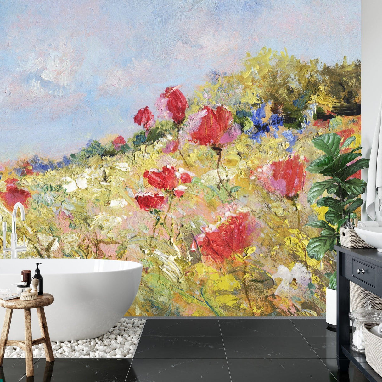Impressionist poppy field wallpaper adding color and depth to a minimalist dining room setting