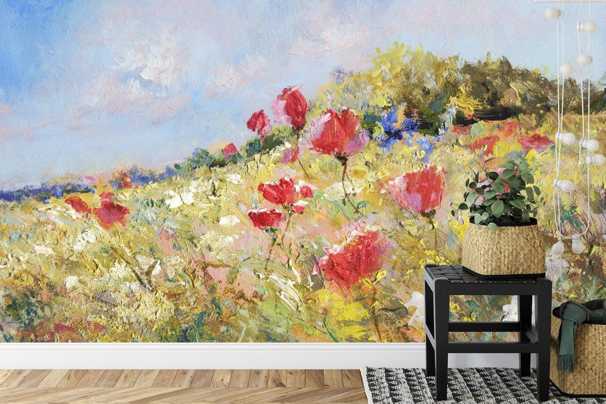 Artistic floral wall mural showcasing red poppies in a bright bedroom with white furniture