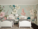 Floral wallpaper with butterflies in meditation room showing scale and detail