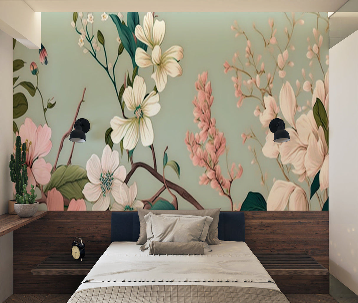 Japanese botanical wallpaper brightening dining room space