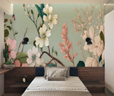 Japanese botanical wallpaper brightening dining room space