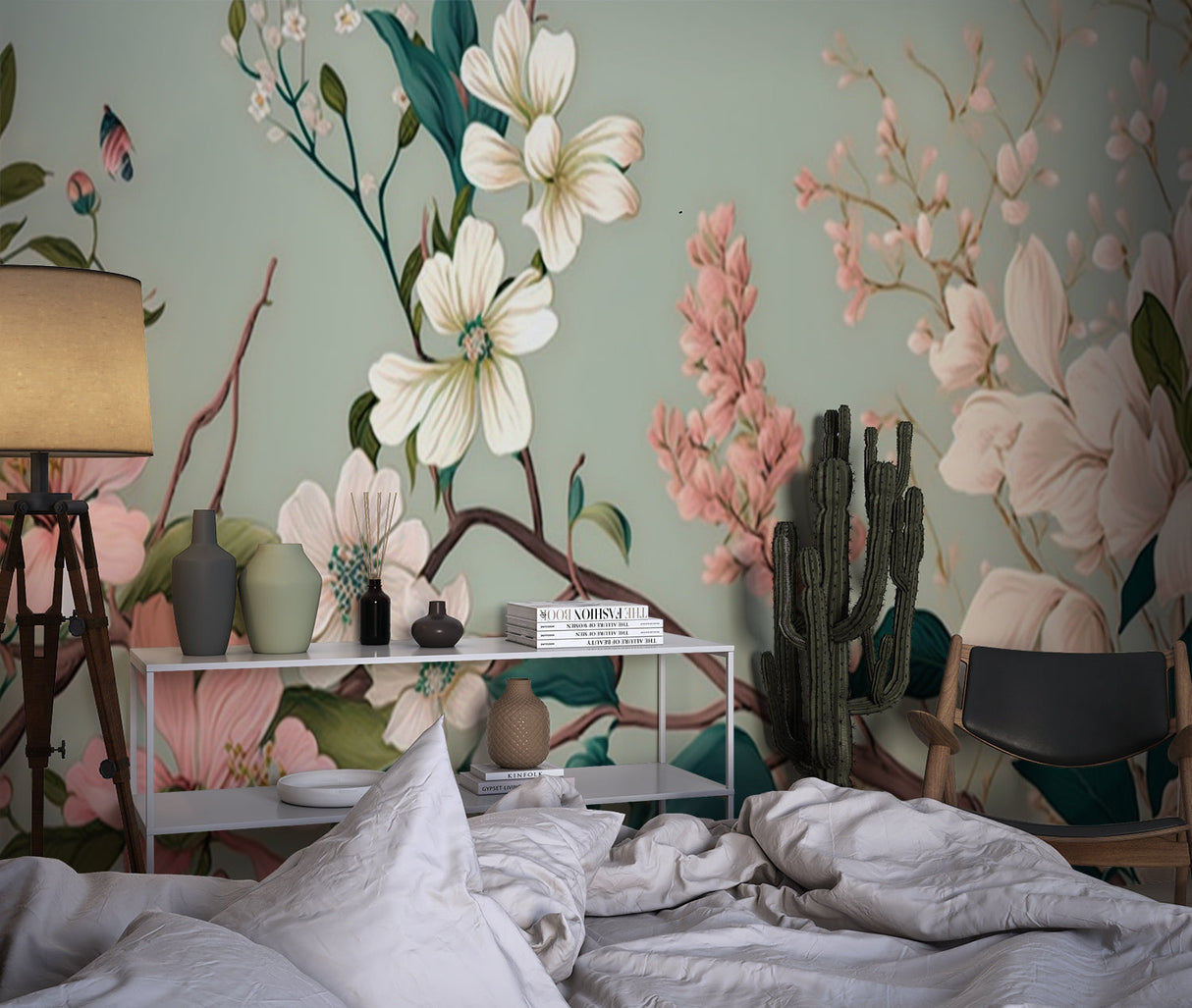 Cherry Blossom mural wallpaper in home office creating peaceful workspace