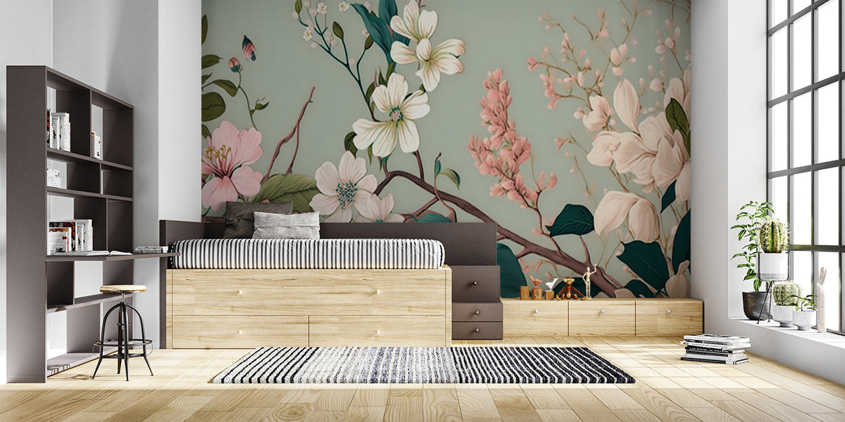 Asian-inspired wall mural showing soft sage green background in entryway