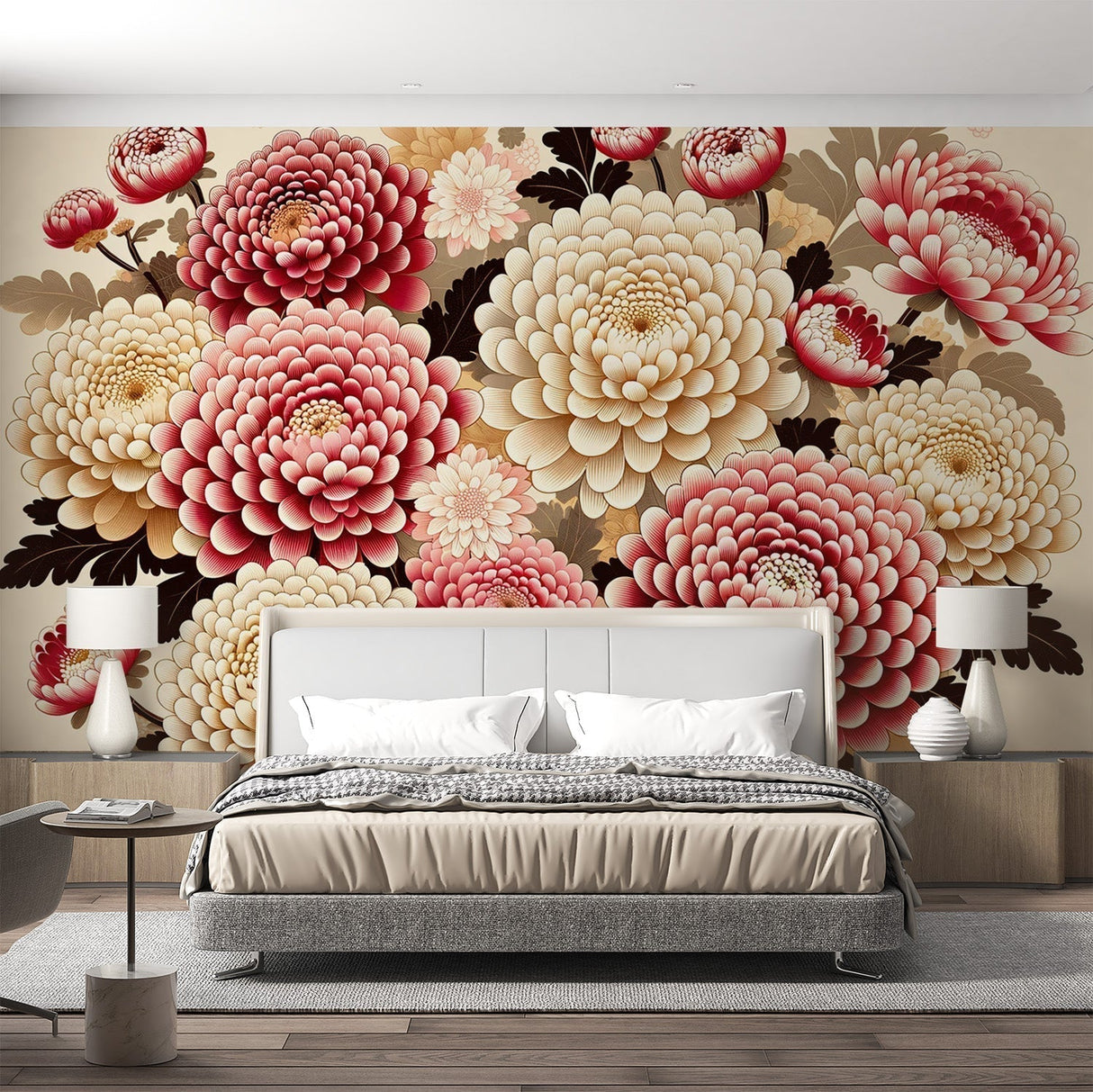 Japanese Chrysanthemum wallpaper in a modern dining room, showing red and beige floral pattern creating an elegant atmosphere