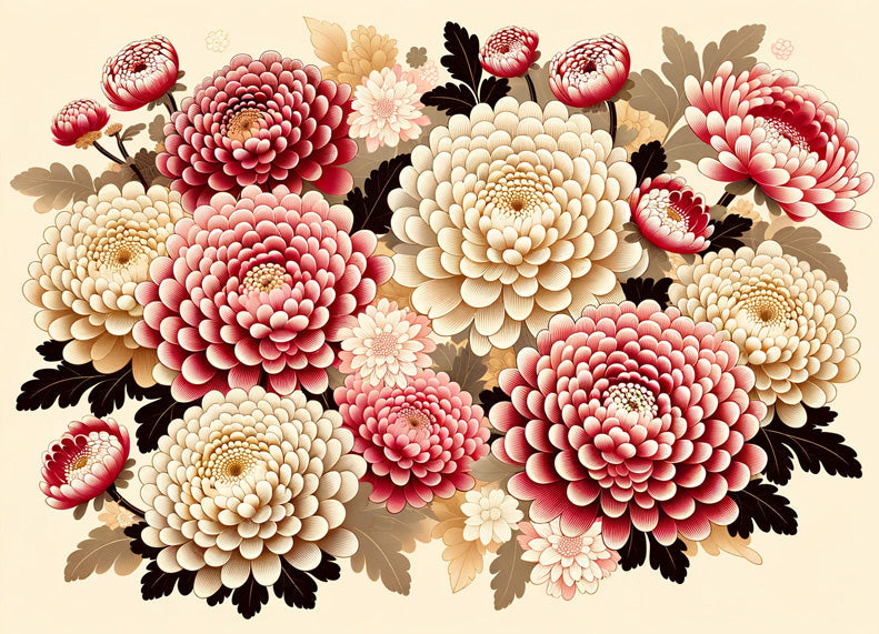 Japanese Chrysanthemum floral pattern design file showing detailed red blooms on beige background