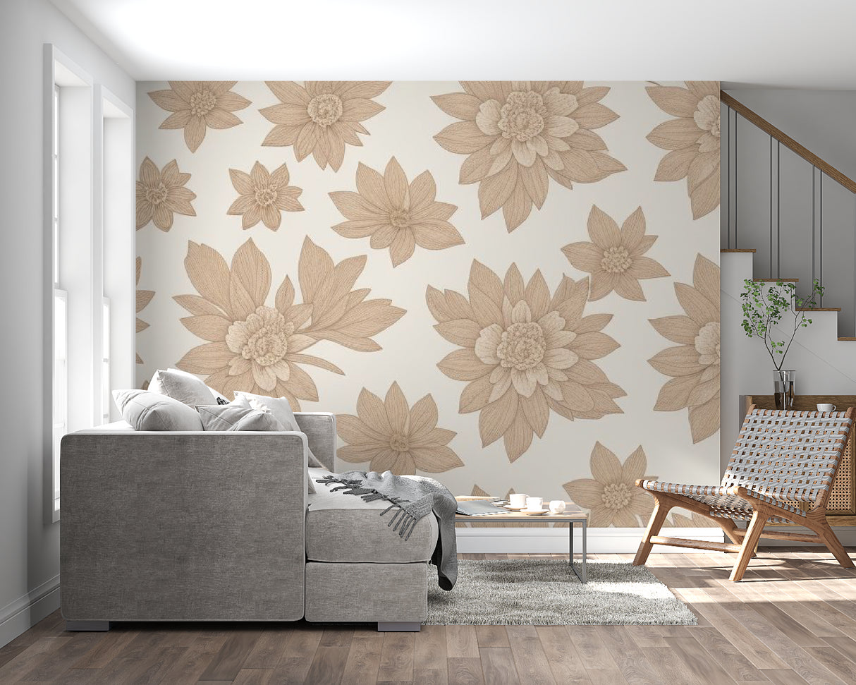 Large beige floral wallpaper mural in modern living room with gray sofa and natural light