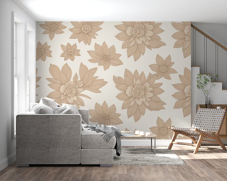 Large beige floral wallpaper mural in modern living room with gray sofa and natural light