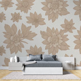 Beige flower wall mural creating elegant backdrop in master bedroom setting