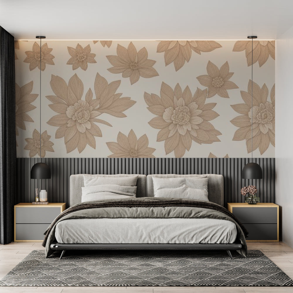 Large beige blooms wallpaper featured in home office with minimalist decor