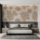 Large beige blooms wallpaper featured in home office with minimalist decor