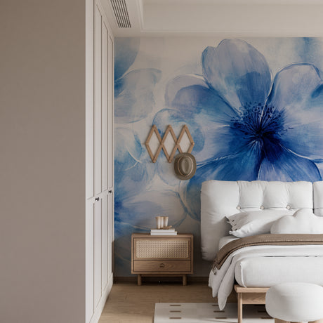 Blue floral wallpaper mural in modern bedroom, creating a peaceful sleeping space with watercolor blooms