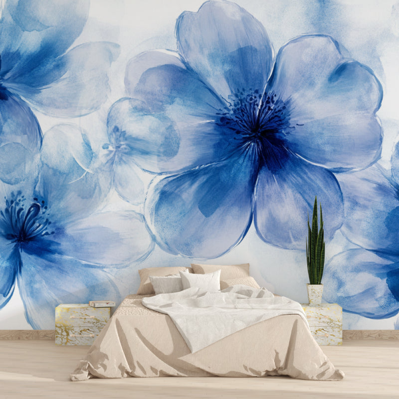 Watercolor flower wall mural adding elegance to living room with blue botanical design