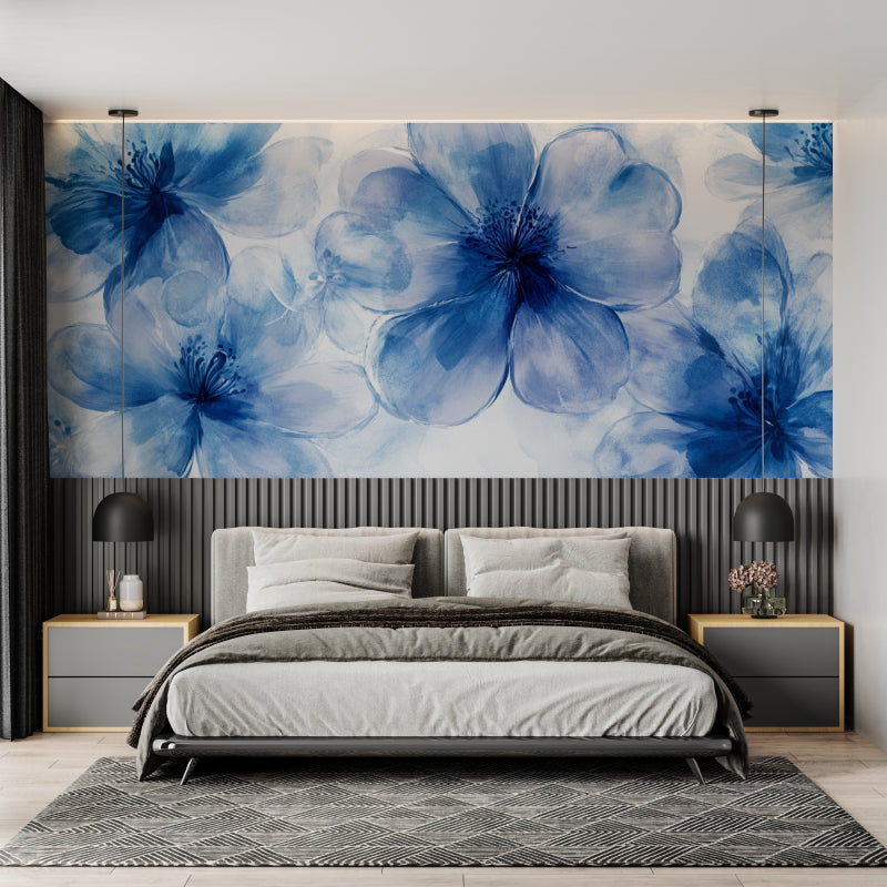 Blue floral mural wallpaper in home office showing scale of large watercolor blooms