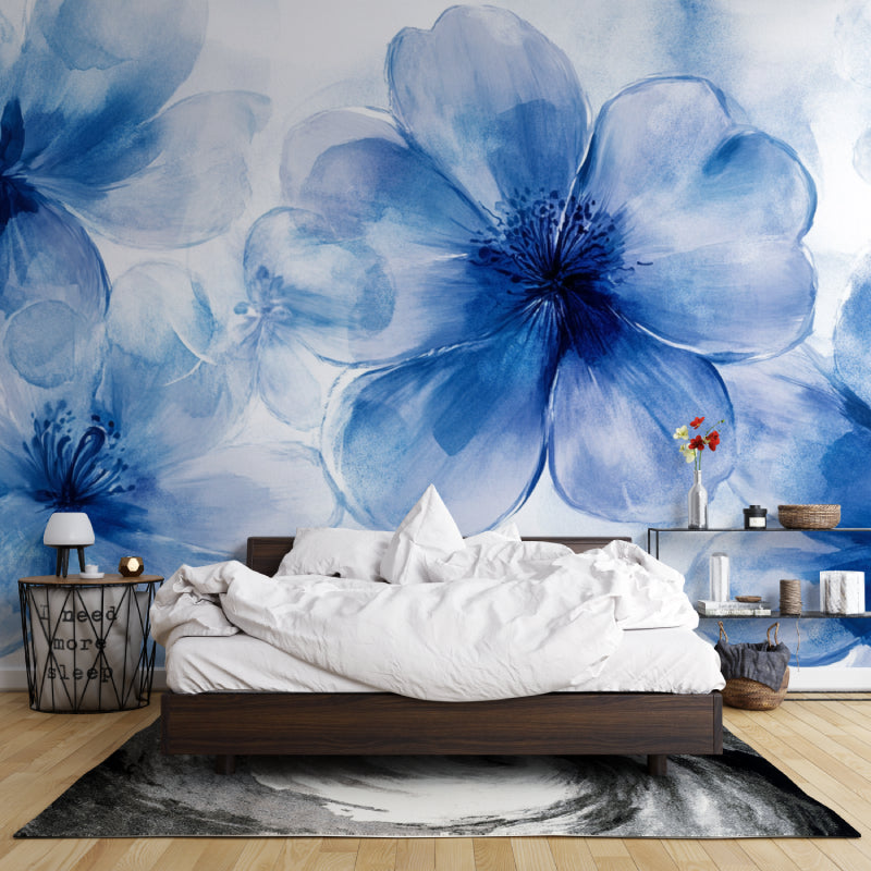 Watercolor blue flower wallpaper creating calm atmosphere in dining room setting