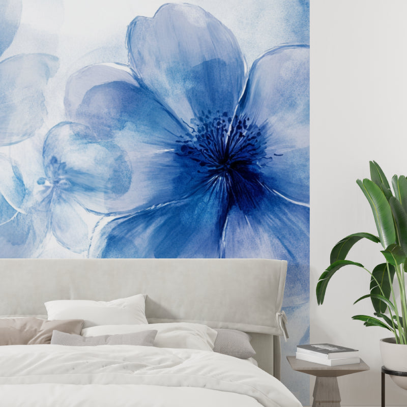 Large blue floral mural bringing nature indoors in modern bathroom design