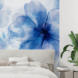 Large blue floral mural bringing nature indoors in modern bathroom design